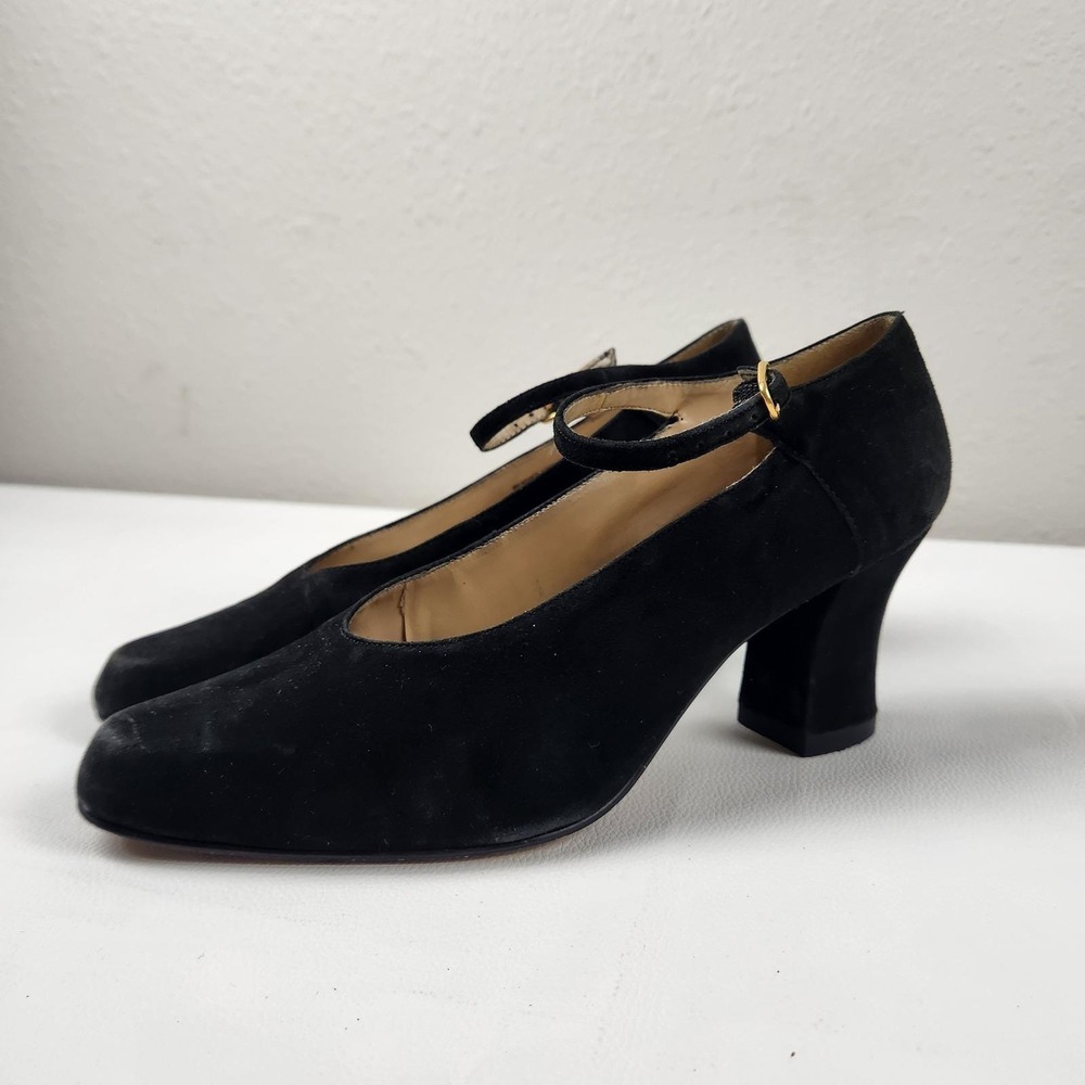 Vintage Calico Mary Jane Heels 7.5 Black Suede Block Heel Made in Brazil